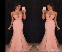 Plus Size Dusty Pink Evening Dresses Sexy Mermaid Prom Dress African Scoop Neck Crystal Beaded Satin Celebrity Women3596435