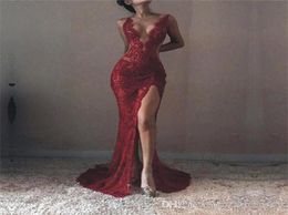 Vestido De Novia Dark Red Mermaid Lace Split Evening Gowns 2020 Trumpet Plunging V Neck Long Prom Dresses Cheap Wear Celebrity Dre1910092