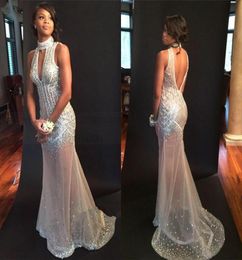 Sexy Nude Mermaid Prom Dresses 2018 High Neck Crystal Beaded Tulle See Through Backless Evening Gowns Sparkle Bling Party Dress4870673