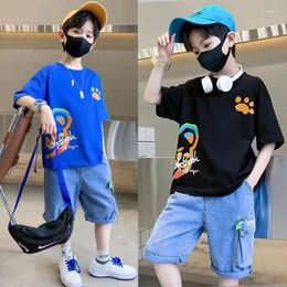 Clothing Sets Boys Summer 2024 Fashion Cotton Cartoon Print Short Sleeve T-Shirt & Jeans 2 Pieces Outfit Teenager Clothes