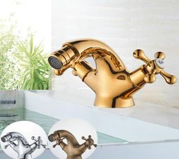 Gold Bidet Basin Faucet Dual Handles Water Bathroom Sink Brass Single Hole Deck Mounted Water Mixer Tap4932662