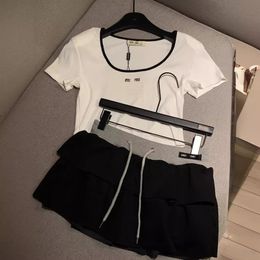 miumi short skirt set two piece set Wide neckline embellishment letter embroidery short sleeved top tshirt fluffy skirt Colour blocking short skirt