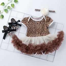 Macacão de estampa de leopardo para bebês, conjunto de algodão, vestido estampado de animais, vestido de princesa, roupas infantis para crianças