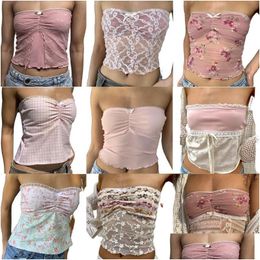Women'S Tanks & Camis Womens Fairy Coquette Tube Tops Lace Trim Strapless 90S Vintage Backless Slim Fit Milkmaid Crop Y2K Aesthetics G Dhu3A