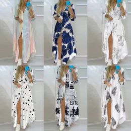 Summer Dress Designer Long sleeved ankle button up long skirt with printed shirt pattern for casual and elegant thin style Chain Print Lapel Neck Casual Oversized