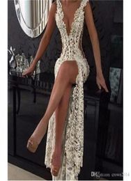 Mermaid Prom Dresses 2022 Ivory Champagne Sexy Lace Evening Gowns Deep V Neck Beaded Pearls High Slit Sheer Formal Party Pageant D6841059