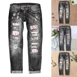 Women's Jeans Womens Denim Pants Ripped Casual Loose Trousers Floral Print Classic Short Jean For Women Slim Fit