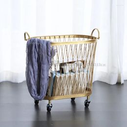 Laundry Bags Nordic Wrought Iron Storage Basket Bathroom Dirty Clothes Light Luxury Golden Toy With Pulley