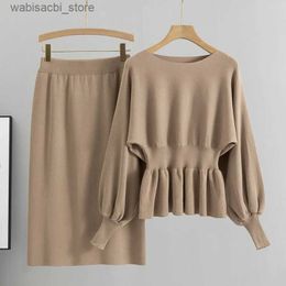 Sexy Skirt Autumn Elegant 2 Two Piece Set Women Lantern Long Sleeves Crop Tops Fashion Casual Pullover Sweater y High Waist Skirts Sets L49