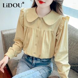 Women's Blouses 2024 Spring Autumn Solid Color Fashion Shirt Women Casual Loose Doll Collar Button Cardigan Edible Tree All-match Top