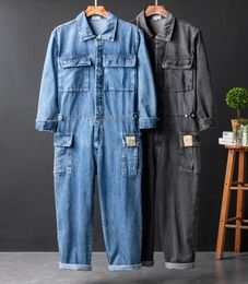 Men039s Jeans Loose Pockets Cargo Denim Long Sleeve Jumpsuits Hip Hop Overalls Blue Black2469982