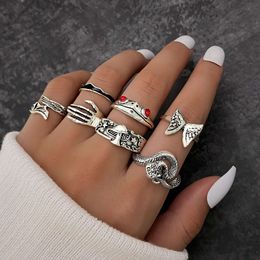 Made Old Bat Red Eyed Frog Snake Skeleton Butterfly Mushroom 7-piece Ring Set