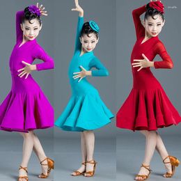 Stage Wear Kids Competition Dancing Clothes Girls Latin Dance Performance Dress Long Sleeves National Standard Ballroom SL9682