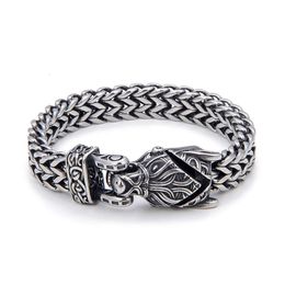 Nordic Viking Mens Bracelet Punk Stainless Steel Wolf Head Front and Back Bracelets Dont Fade Trendy