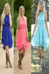 Country Style Cheap Short Bridesmaid Dresses Halter Neck with Pleated Chiffon ALine Knee Length Maid of Honour Gowns CPS5759346463