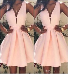 2017 Pink Short Cocktail Dresses V neck Backless Stain Mini Stain Ruffles Prom Party Dress Custom Made Special Occasion G3543064
