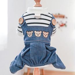 Dog Apparel Excellent Romper With Traction Ring Dress-up Comfortable Cartoon Bear Pattern Pet Cat Denim Clothes