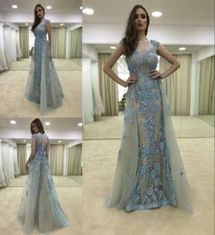 Elegant Beaded Overskirt Formal Dresses Evening Wear Sheer Bateau Neck ALine Evening Gowns Sleeves Floor Length Appliques Tulle P1324311