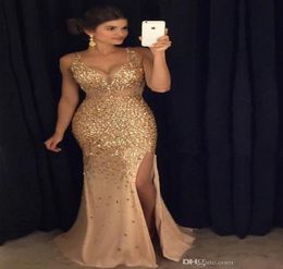 2019 New Luxury Gold Beaded Mermaid Evening dresses Long Plus Size Slit Sleeveless VNeck Prom Dress evening gown Robe de soiree4492241