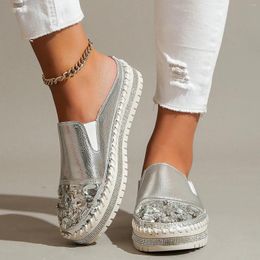 Slippers Leather Rhinestone Ladies Fashion Solid Color Thick Sole Casual Slipper Outdoor Beach Holiday Home Indoor Bedroom Shoes