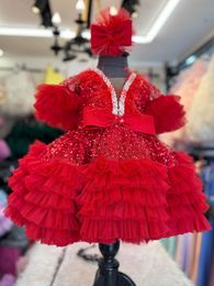 new red Flower Girls Dresses For Weddings Lace Tulle Pearls Backless Princess Children Wedding Birthday Party Dresses For Girls bling Tulle Toddler Pageant Dresses