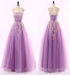 New Arrival Lilac Prom Dress Long Formal Evening Party Gowns Strapless Sleeveless Corset Formal Dress with Beaded Lace Applique Fl3547475