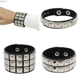 Other Bracelets 2023 New Gothic Punk PU Leather Bracelet 3 Row Cuspidal Spikes Rivet Chains Bracelet For Women Men Friends JewelryL240415