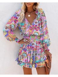 Womens Fashion Dresses Spring Floral Print Long Sleeve V Neck Casual Lantern Ruffle Mini Waist Dress 240412