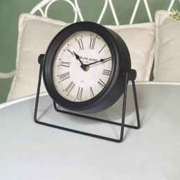 Home Decoration Vintage Rustic Black Color Round Metal Table Clock Desk 240410