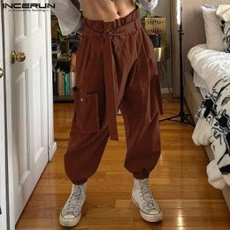 Men's Pants Men Cargo Solid Joggers Elastic Waist Fashion Trousers With Belt Streetwear Loose 2024 Casual Pantalon S-5XL INCERUN