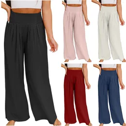 Women's Pants Spring Summer Solid Colour Wide Leg For Women Pleated High Waist Sport Trousers Culottes Casual Straight