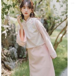 Work Dresses Sweet Cheongsam Dress Suit For Women Literary Improved Embroidered Stand Collar Vest Top Loose Retro Pink Set Fall