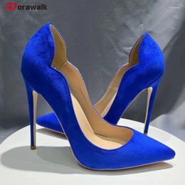Dress Shoes 12cm Women Pumps Pointed Toe Sexy Comfortable V Curl Cut Flock High Heel Blue Elegant Faux Suede Stiletto OL
