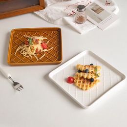 Plates 7.5 Inch Ceramic Plate American Style Solid Colour Square Waffle Grids Relief Porcelain Flat Tableware Cake Afternoon Tea