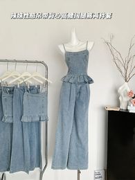 Summer Women Korean Fashion Denim Gyaru Outfits 2 Piece Pants Set Ruffles Halter Top High Waisted Straight Long Jeans 240415