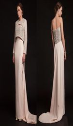 Krikor Jabotian 2019 Luxury Long Beaded Evening Gowns Elegant Jacket Long Sleeves Crystal Pearls Newest Modern Celebrity Prom Part4960259