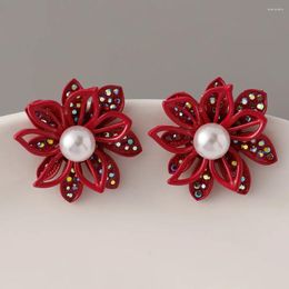 Stud Earrings Simple Retro Simulated Pearl Beads Charms AB Rhinestone Flower Shaped For Women Fashion Party Jewellery Wholesale