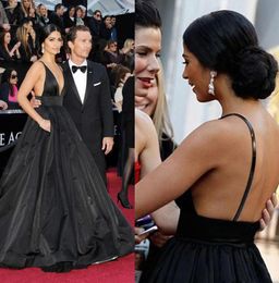 Sexy Black Evening Dresses Ball Gown Backless Spaghetti V Neck Side Special Occasion Dresses Red Carpet Dresses Celebrity Gowns3806385