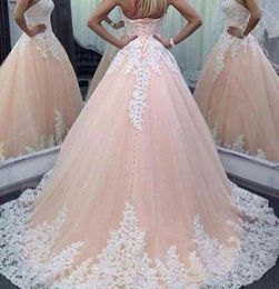 Sweet Pink Ball Gown Dresses Evening Wear Strapless White Lace Appliques 2016 Lace Up Back Prom Gowns Custom Made6372889