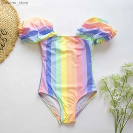 One-Pieces Gradient Kids Girls Swimsuit Swimwear Puff Sleeve Child Swimming Suit Cute Teen One Piece Swimwear Mermaid Children Bathing Suit Y240412