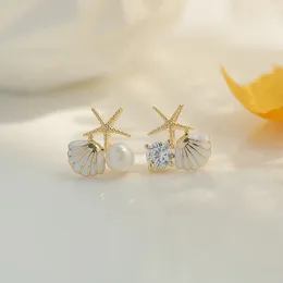 Stud Earrings Gold Plated Lovely Shell Starfish Women's Design Fashion Pearl Transparent Zircon Jewelry Pendant