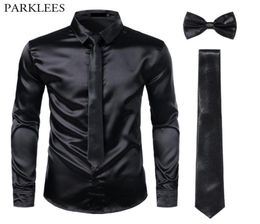 Black Mens Silk Dress Shirts 3PcsShirt TieBowtie Smooth Satin Shirt Men Slim Fit Party Prom Casual Shirts Men Social Camisa 205700315