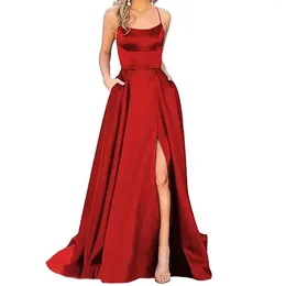 Casual Dresses Women'S Long Backless Satin Strap Party Dress Side Slit Wedding Pockets Evening Loose