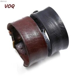 Other Bracelets VOQ Vintage Single Layer Cowhide Leather Wide Wristband Adjustable Cuff Bangles for Men Women Friendship Bracelets pulserasL240415