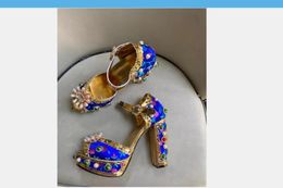 vintage Woman Sandals With embroidery PeepToe wedding Shoes Neon blue Roman High Heels Women platform Pumps chunky heel5842131