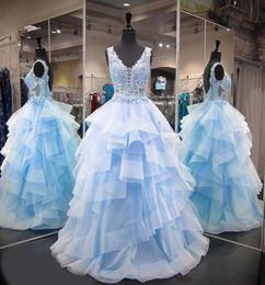 Sweet 16 Year Lace Quinceanera Dresses Blue Tulle vestido debutante 15 anos Ball Gowns V Neck Sheer Prom Dresses For Party Ruffles3118186