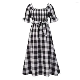 Party Dresses Sexy Off Shoulder Plaid Printed Fashion Vintage Even Dress Loose Summer Puff Short Sleeves Elegant Princess Women