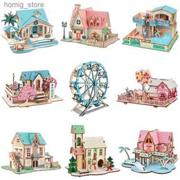 3D Puzzles 3D Wooden Puzzle Jigsaw Wood House Construction Model DIY Assembly Kits Educational Toys For Children Kids Room Decoration Y240415