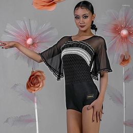 Stage Wear 2024 Black Latin Dance Tops Women Summer Waltz Ballroom Clothes Short Sleeves Bodysuit Standard Shirt Adult DNV17504