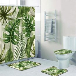 Shower Curtains Green Tropical Plants Leaves Bathroom Polyester Waterproof Toliet Seat Cover Nonslip Flannel Bath Carpet U Rug